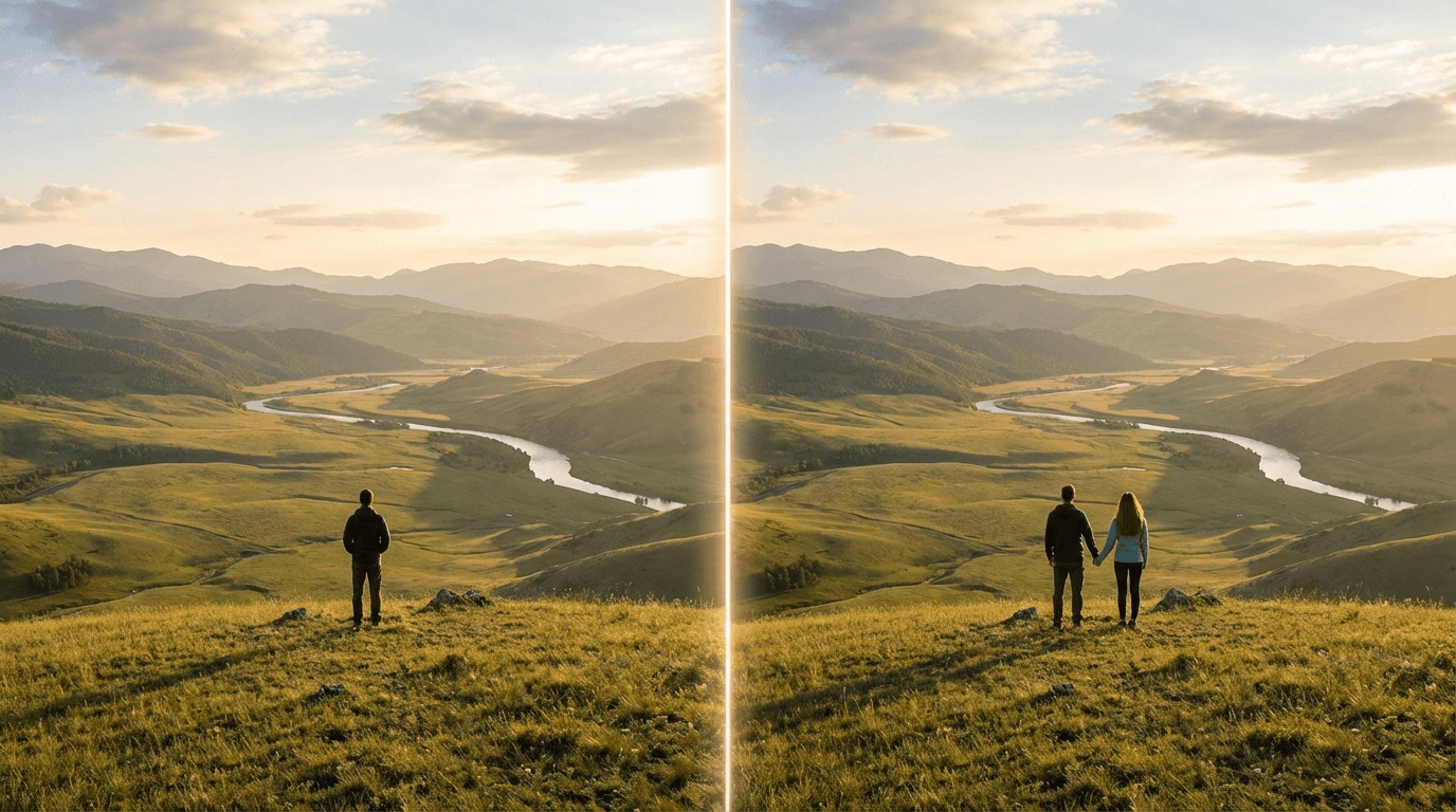 Visual comparison of adding a person to a photo: family photo on a desk with a new person seamlessly added using AI, demonstrating realistic lighting and shadows.