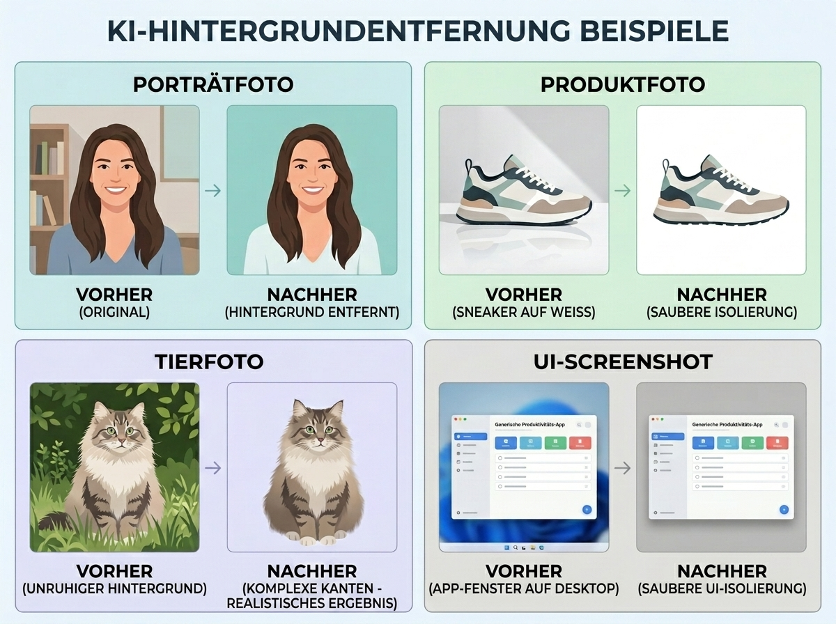 KI-Hintergrundentfernung Beispiele: Vorher-Nachher-Vergleich für Porträtfoto, Produktfoto, Tierfoto und UI-Screenshot