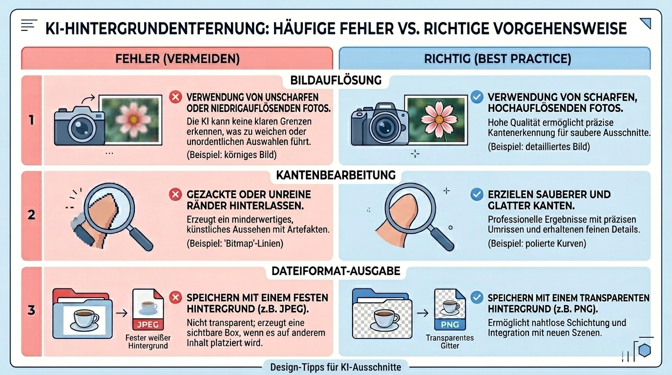 KI-Hintergrundentfernung häufige Fehler vs. richtige Vorgehensweise: Bildauflösung, Kantenbearbeitung und Dateiformat im Vergleich