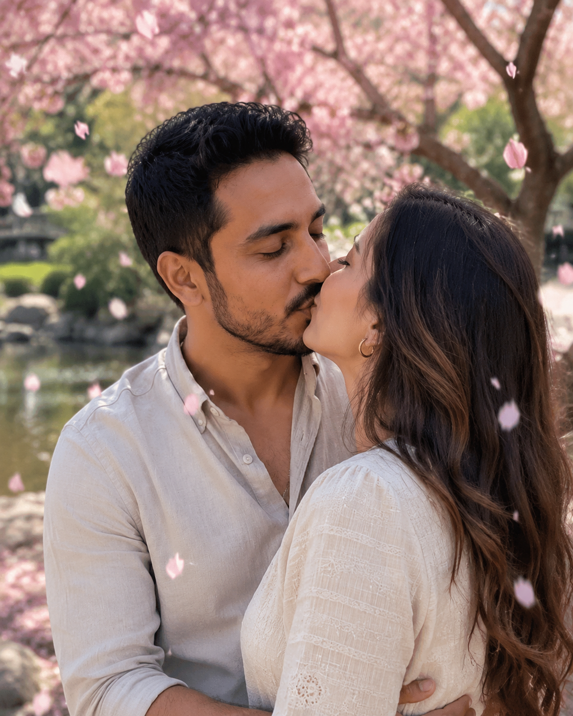 KI-generierter realistischer Lippenkuss unter Kirschblüten mit KI-erstelltem Partner
