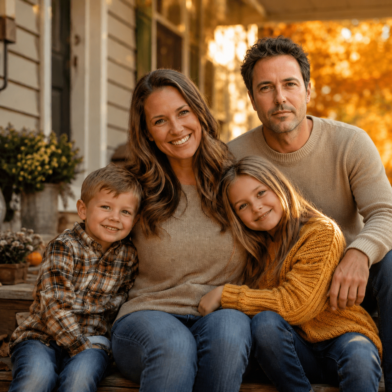 AI-composited family portrait with the father naturally added to the porch scene