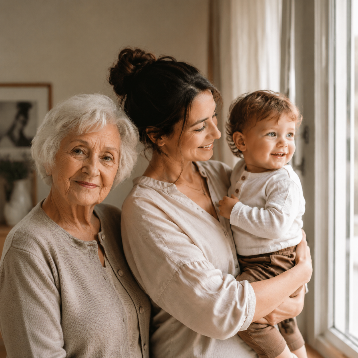 AI-composited three-generation family portrait with grandmother beside the child