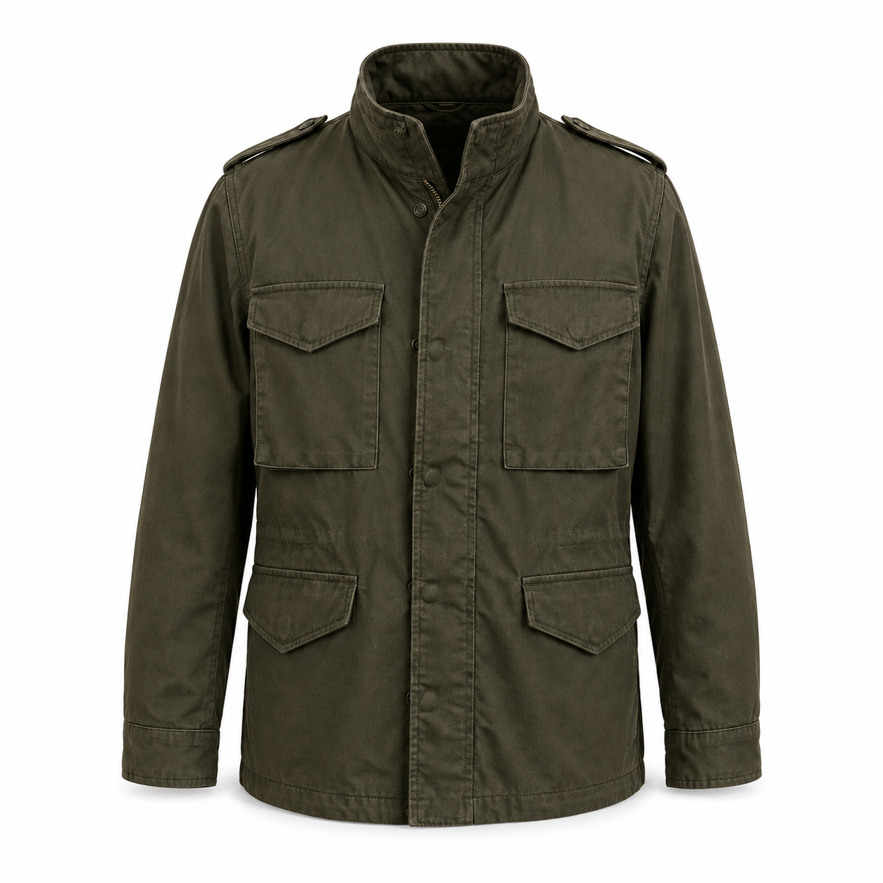 Ghost mannequin product photo of the same olive field jacket on a white studio background