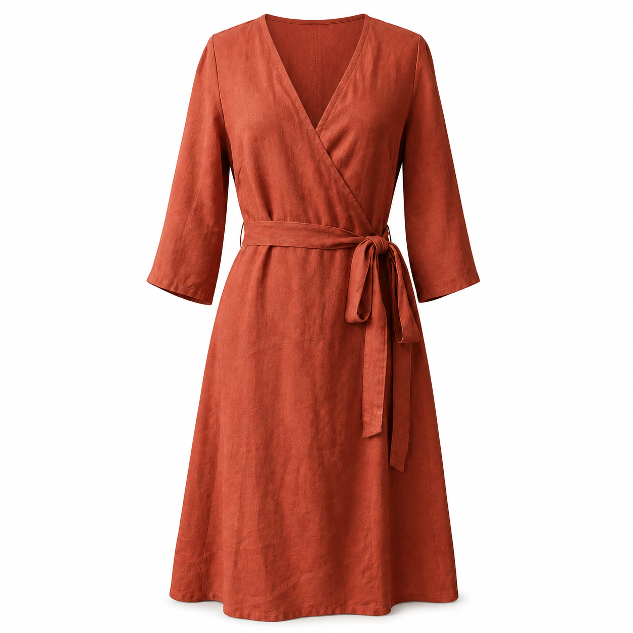 Ghost mannequin product photo of the same linen wrap dress on a white studio background