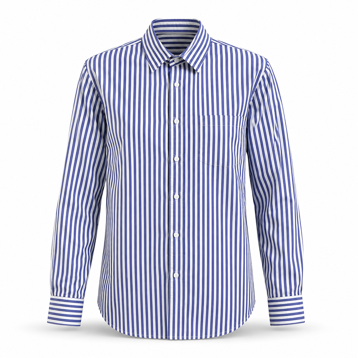 Ghost mannequin product photo of the same striped shirt on a white studio background