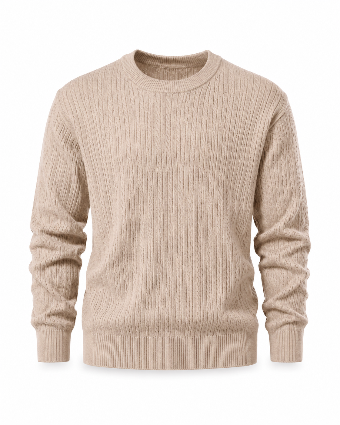 Ghost mannequin product photo of the same cable-knit sweater on a white studio background