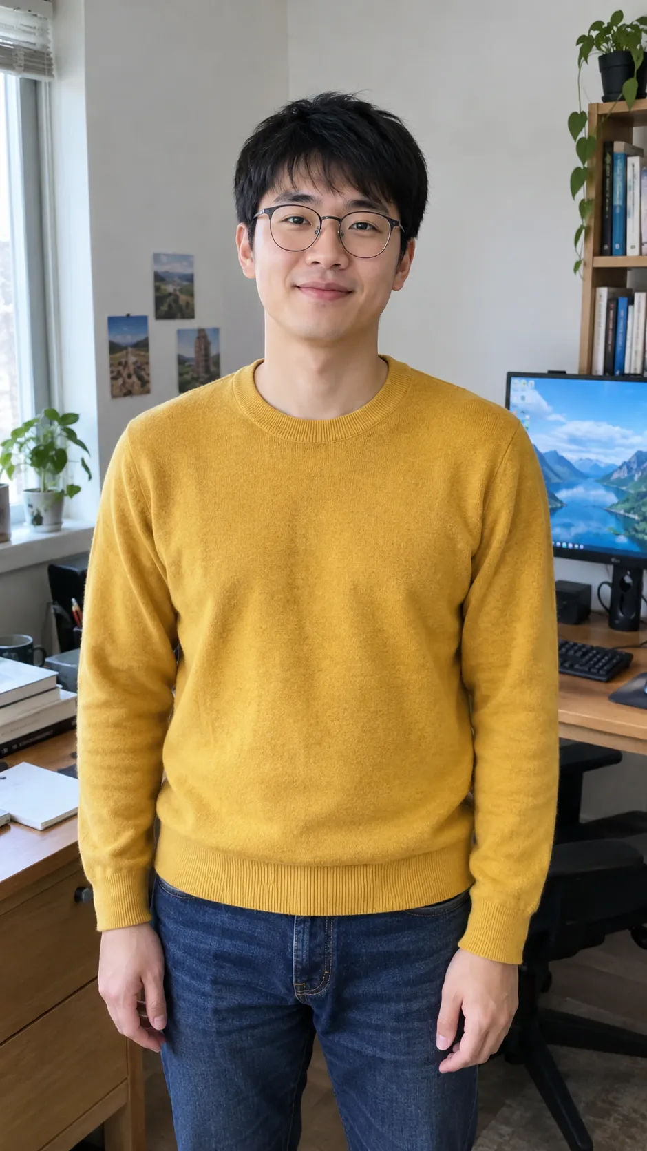 Photorealistic smartphone photo of an ordinary East Asian man in his late twenties with short straight black hair and round glasses, a mustard-yellow crewneck sweater and dark blue jeans, standing in a small, slightly cluttered home office with a desk, a monitor and a few books behind him. He faces the camera with a friendly relaxed smile, arms at his sides, framed from the waist up to mid-thigh. Soft natural window light, sharp focus, vertical photo.