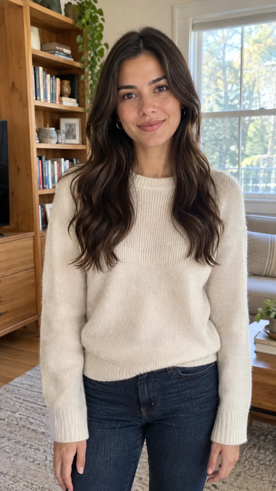 Photorealistic smartphone photo of a young Latina woman with long dark brown hair loosely waved, a cream knit sweater and dark jeans, standing in a cosy living room with warm wooden furniture, a bookshelf and a window with soft afternoon light behind. She faces the camera, arms relaxed at her sides, framed from the waist up to mid-thigh. Natural daylight, sharp focus, vertical photo.