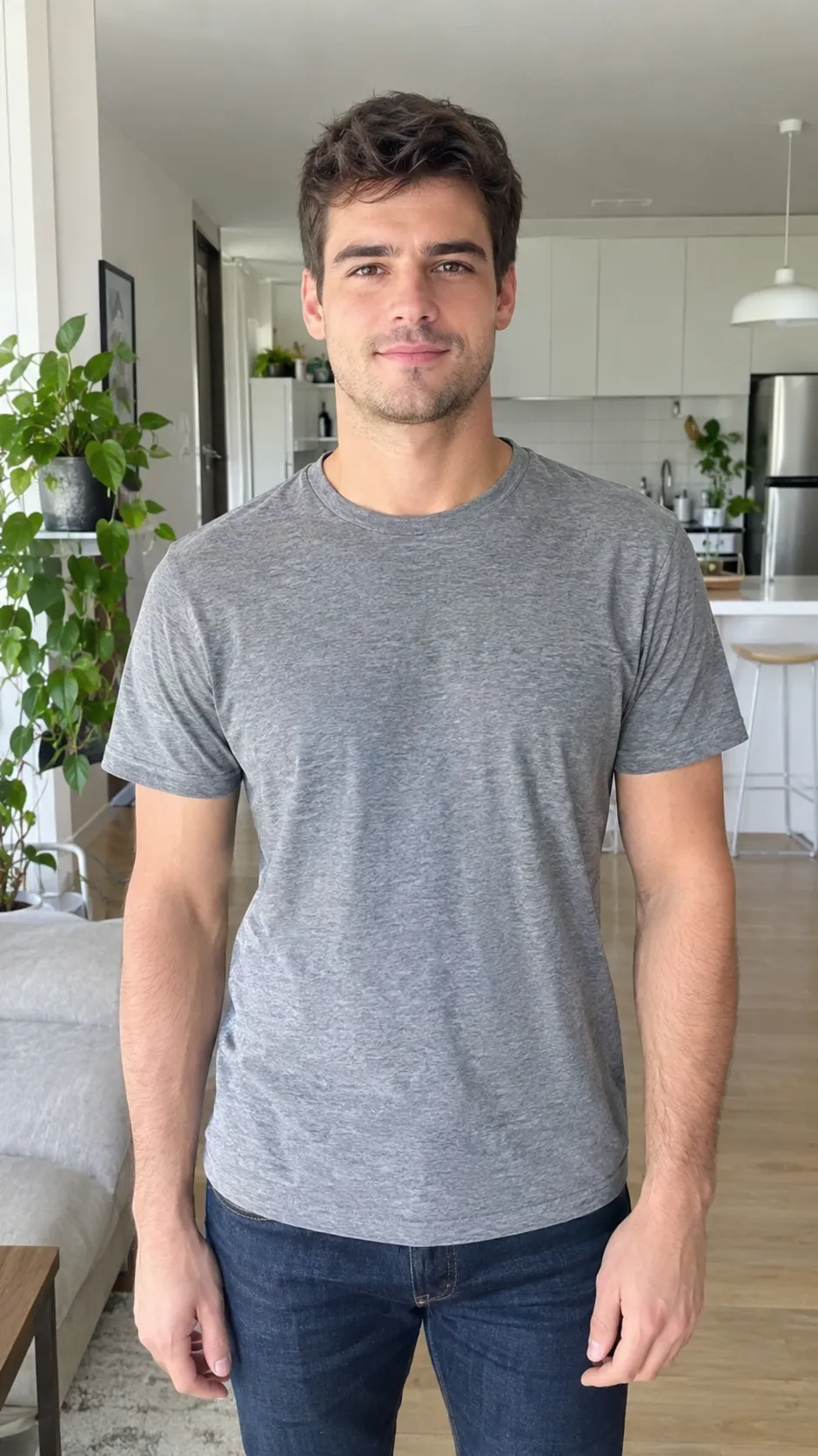 Photorealistic smartphone photo of a young man with short dark hair, plain grey T-shirt and dark jeans, standing in a bright modern apartment with a white kitchen and green plants behind. They face the camera, arms relaxed at their sides, framed from the waist up to mid-thigh. Soft natural daylight, sharp focus, vertical photo.