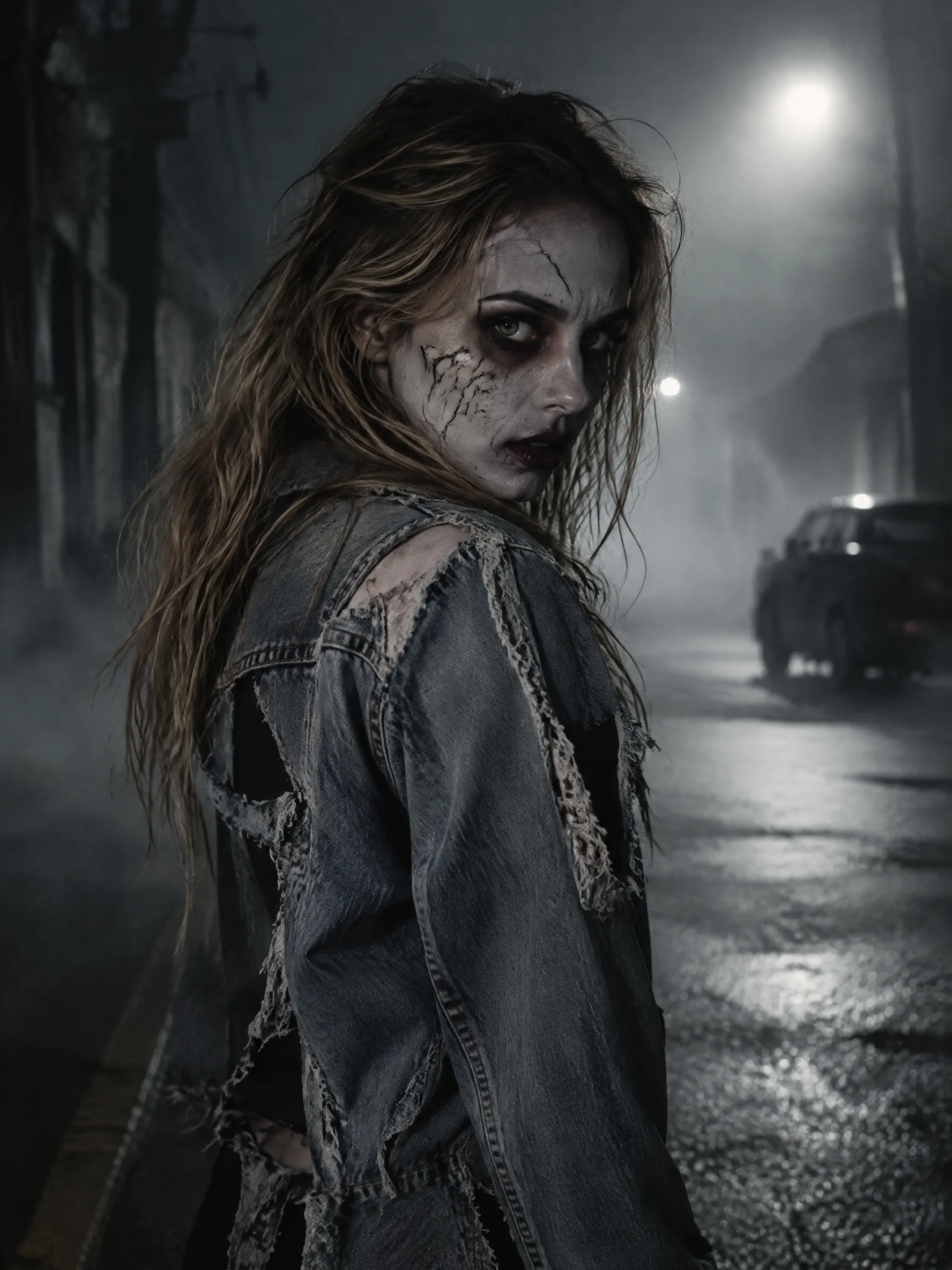 Cinematic photo of a young woman wearing elaborate Halloween zombie makeup: pale grey face paint with painted cracks, dark eye shadow, torn denim jacket, foggy empty street at night, moody film lighting, playful horror movie poster mood