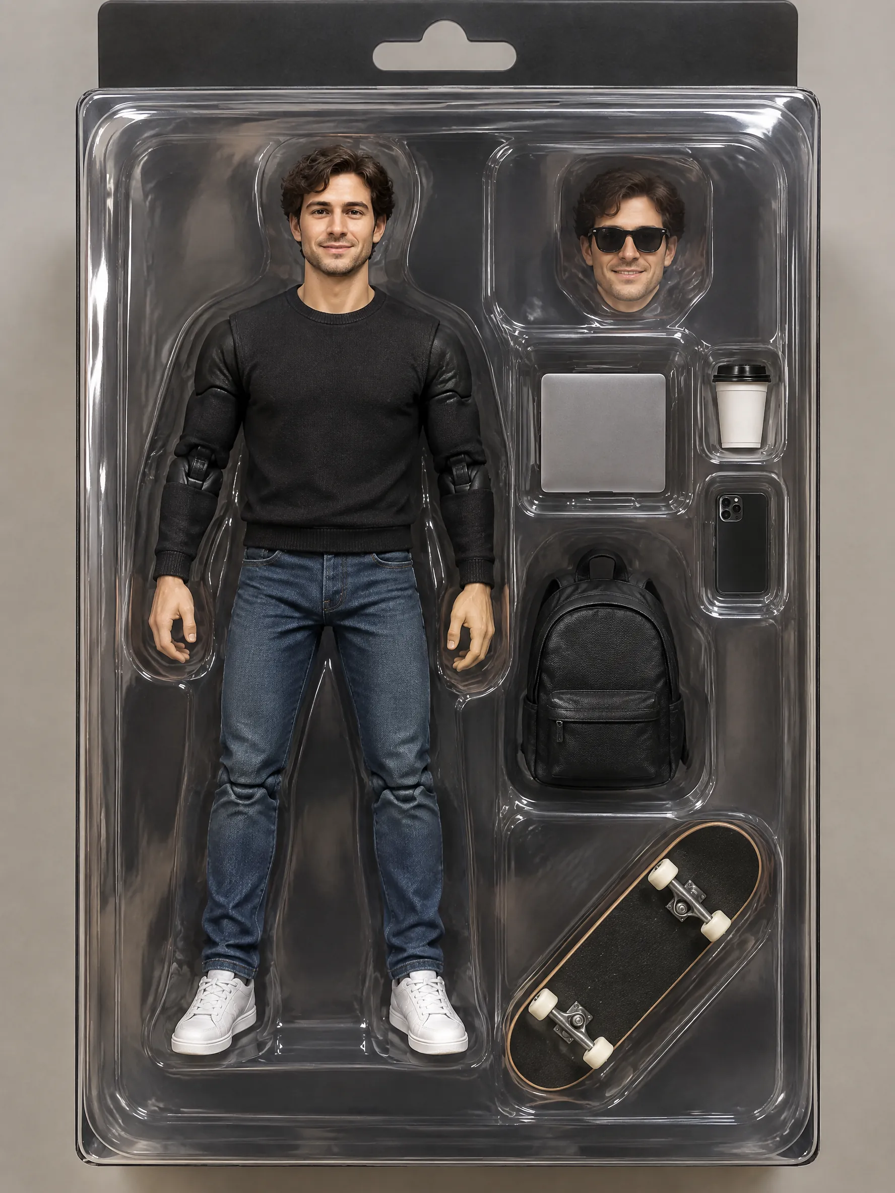 A collectible action figure of a smiling young man with headphones inside a clear plastic blister package with tiny accessories (camera, coffee cup, sneakers), toy store product photo, no text