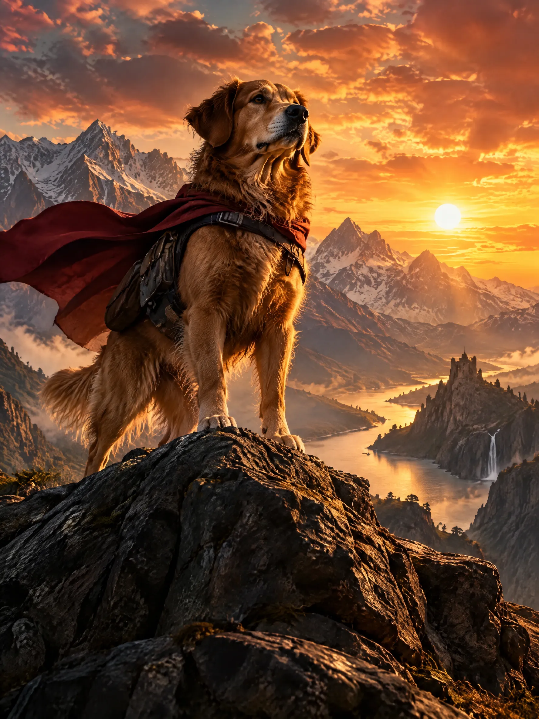 Epic adventure movie poster style image of a golden retriever in a red cape standing on a mountain peak, dramatic sunset sky, cinematic, no text