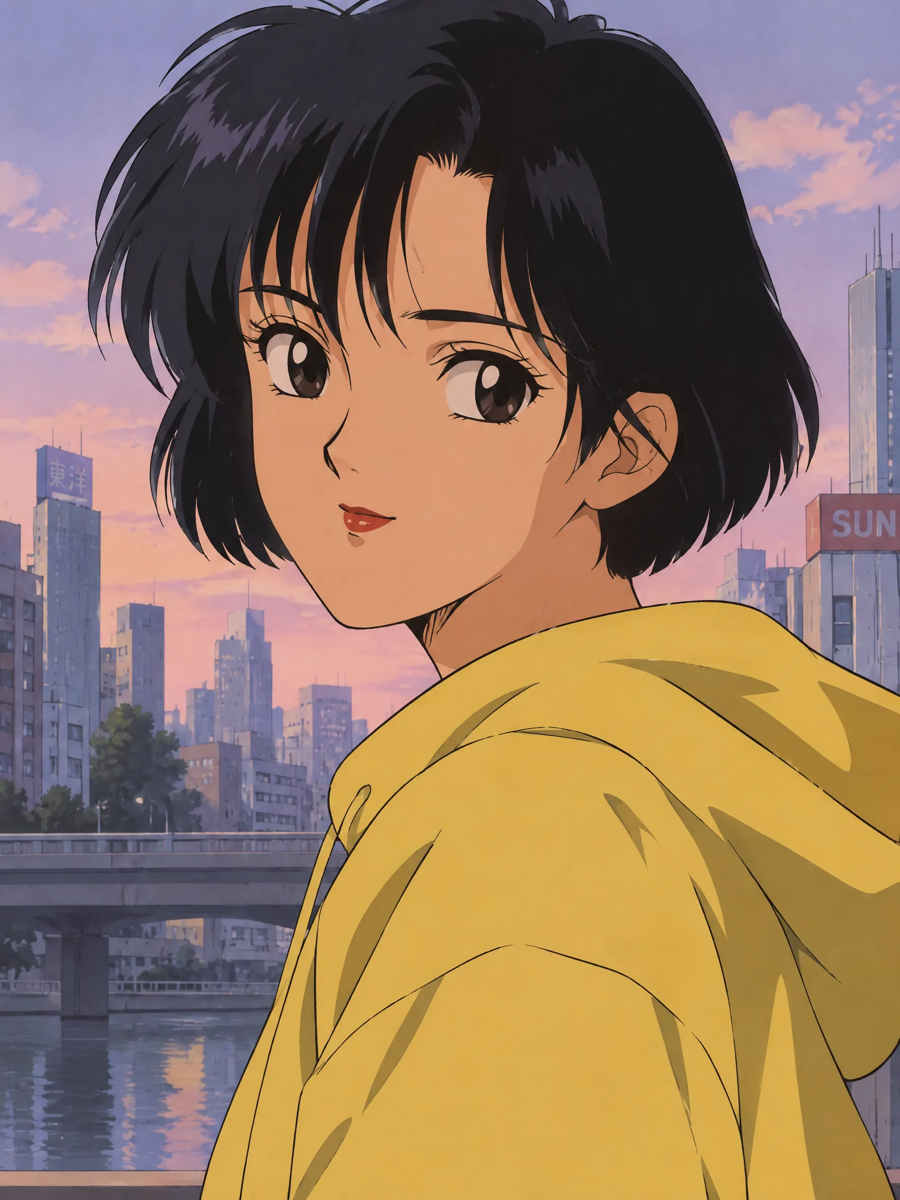 A 90s anime style portrait of a young woman with short black hair and a yellow hoodie, cel shading, soft pastel city background