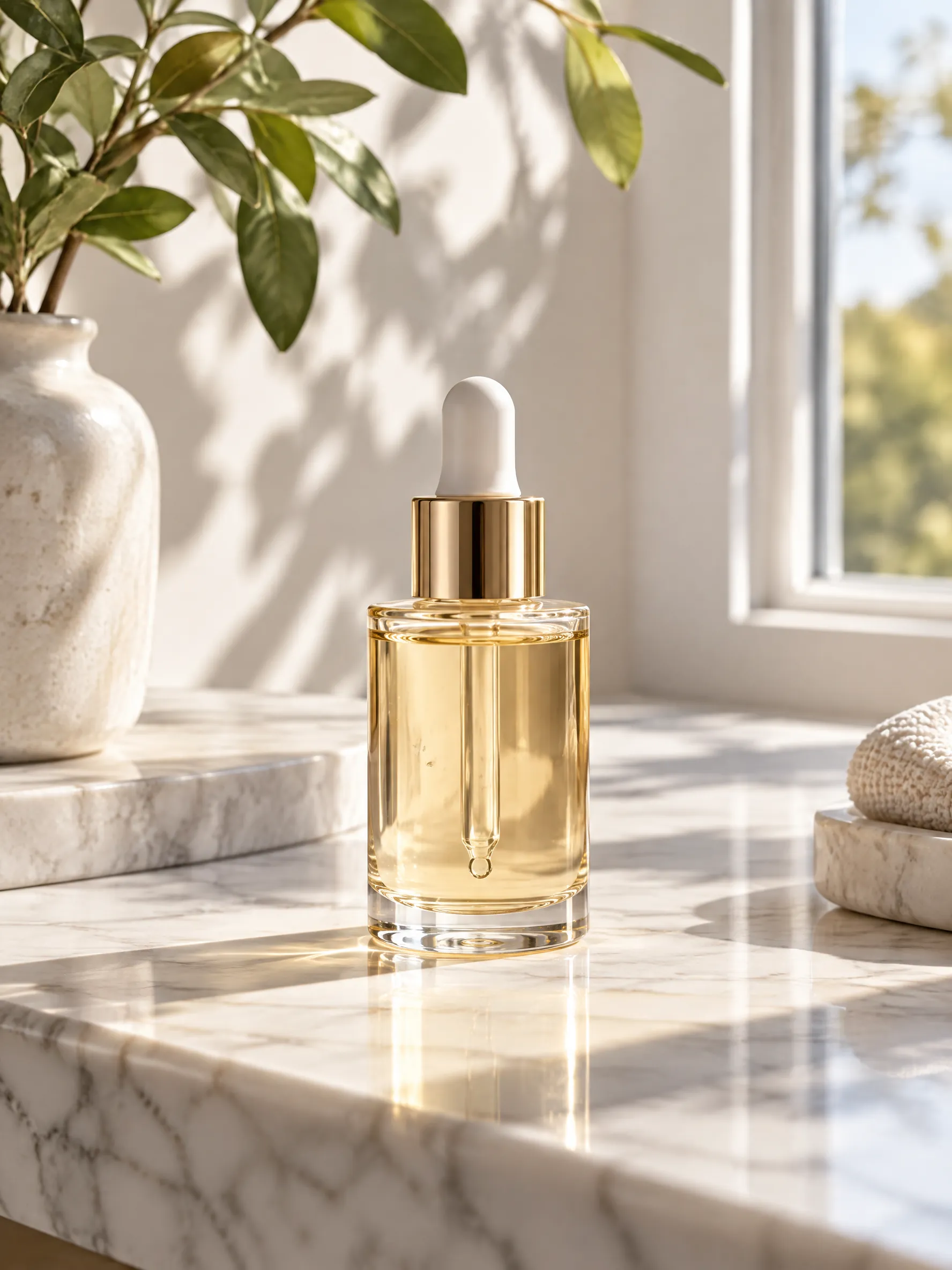 A skincare serum bottle with a dropper on a white marble table by a sunny window, soft leaf shadows, premium product photography, no text