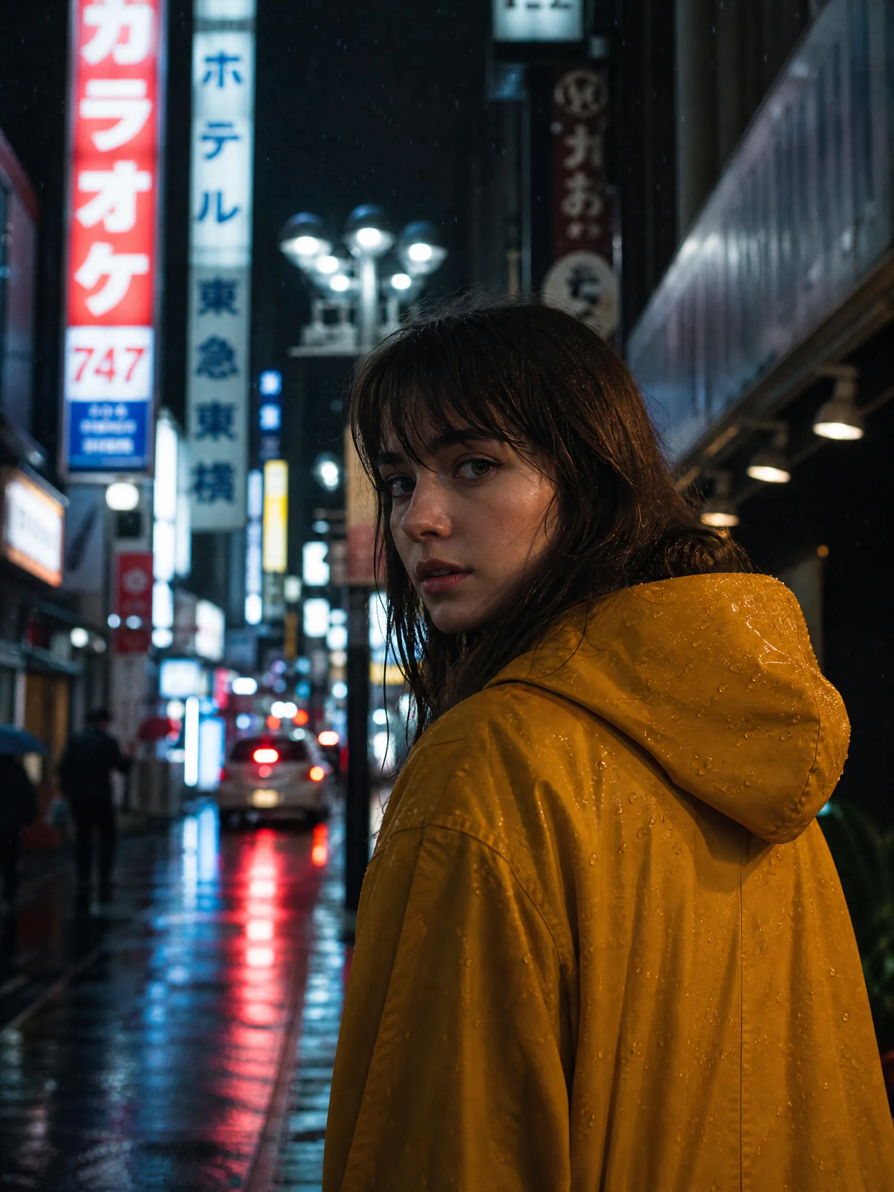 Editorial portrait of a young woman in a mustard yellow raincoat on a rainy Tokyo street at night, neon reflections on wet asphalt, shallow depth of field, cinematic colour grading, shot on 85mm