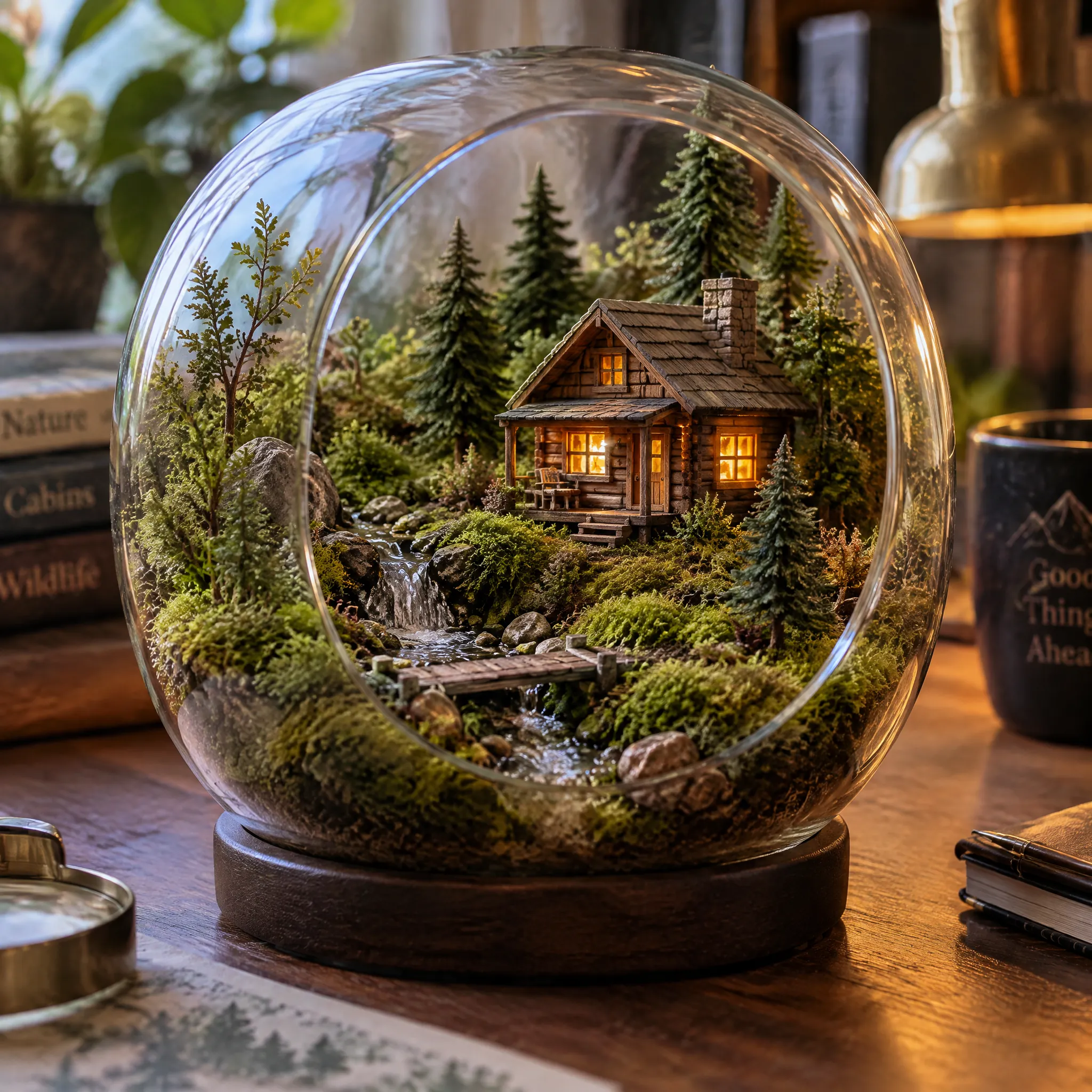 A tiny cozy wooden cabin inside a glass terrarium on a desk, moss and miniature pine trees, warm lamp glowing in the window, macro photography, highly detailed