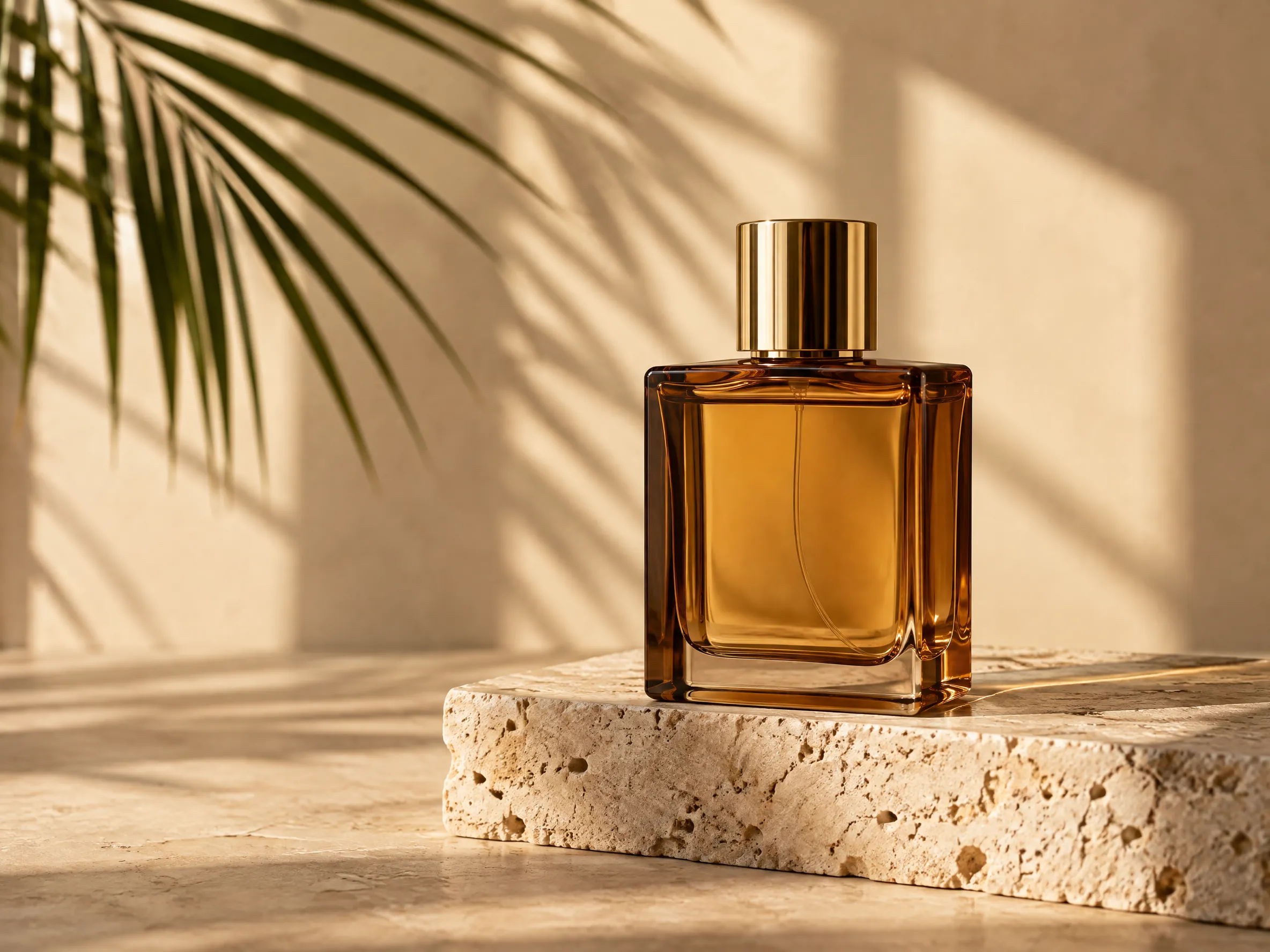 Minimal product photo of an amber glass perfume bottle on a travertine stone block, soft morning sunlight through a window, palm leaf shadows, warm beige background, luxury commercial style, no text