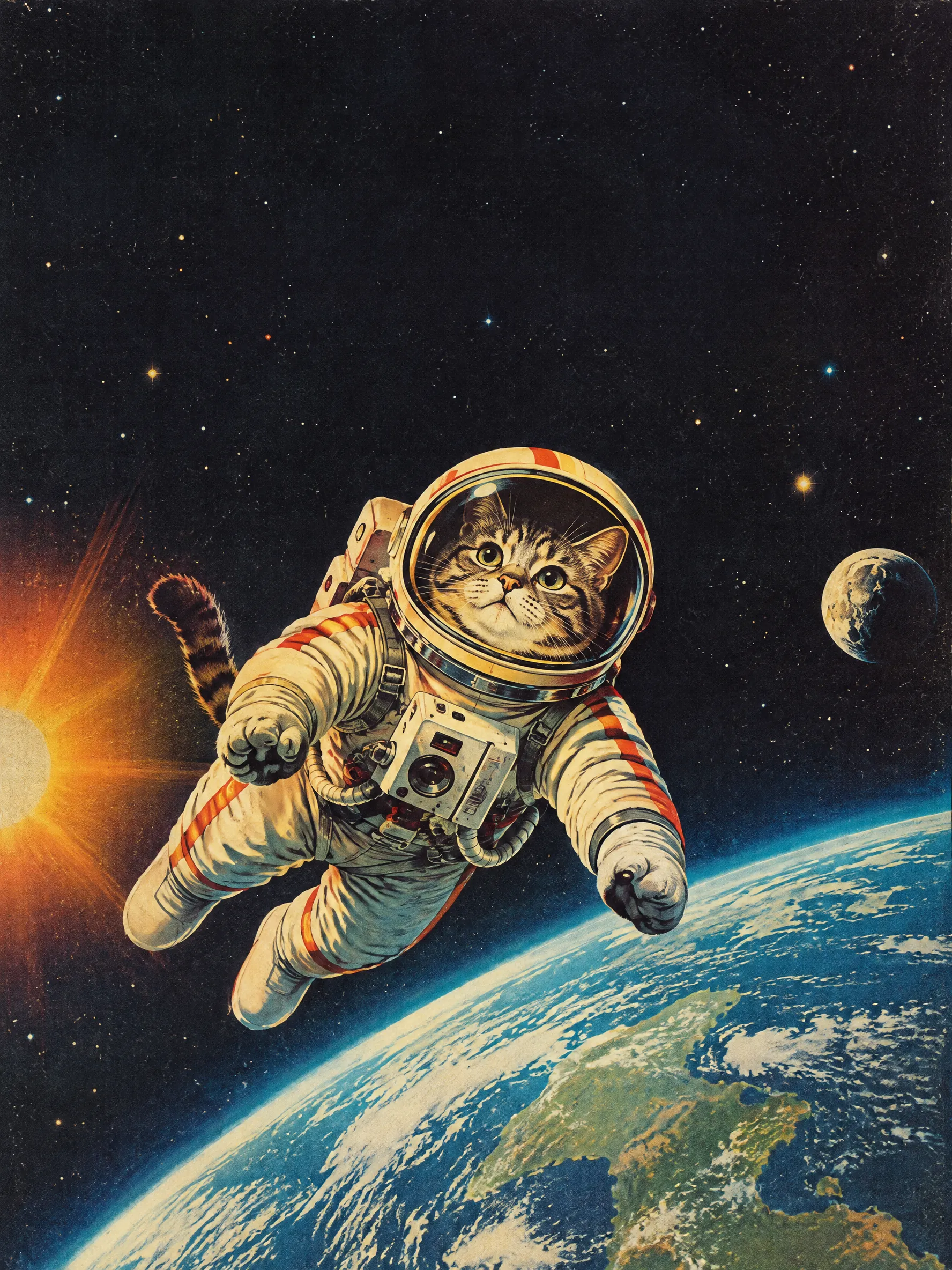 Retro 1970s sci-fi illustration of a cat astronaut floating above planet Earth, bold colours, grainy print texture, empty space at the top, no text