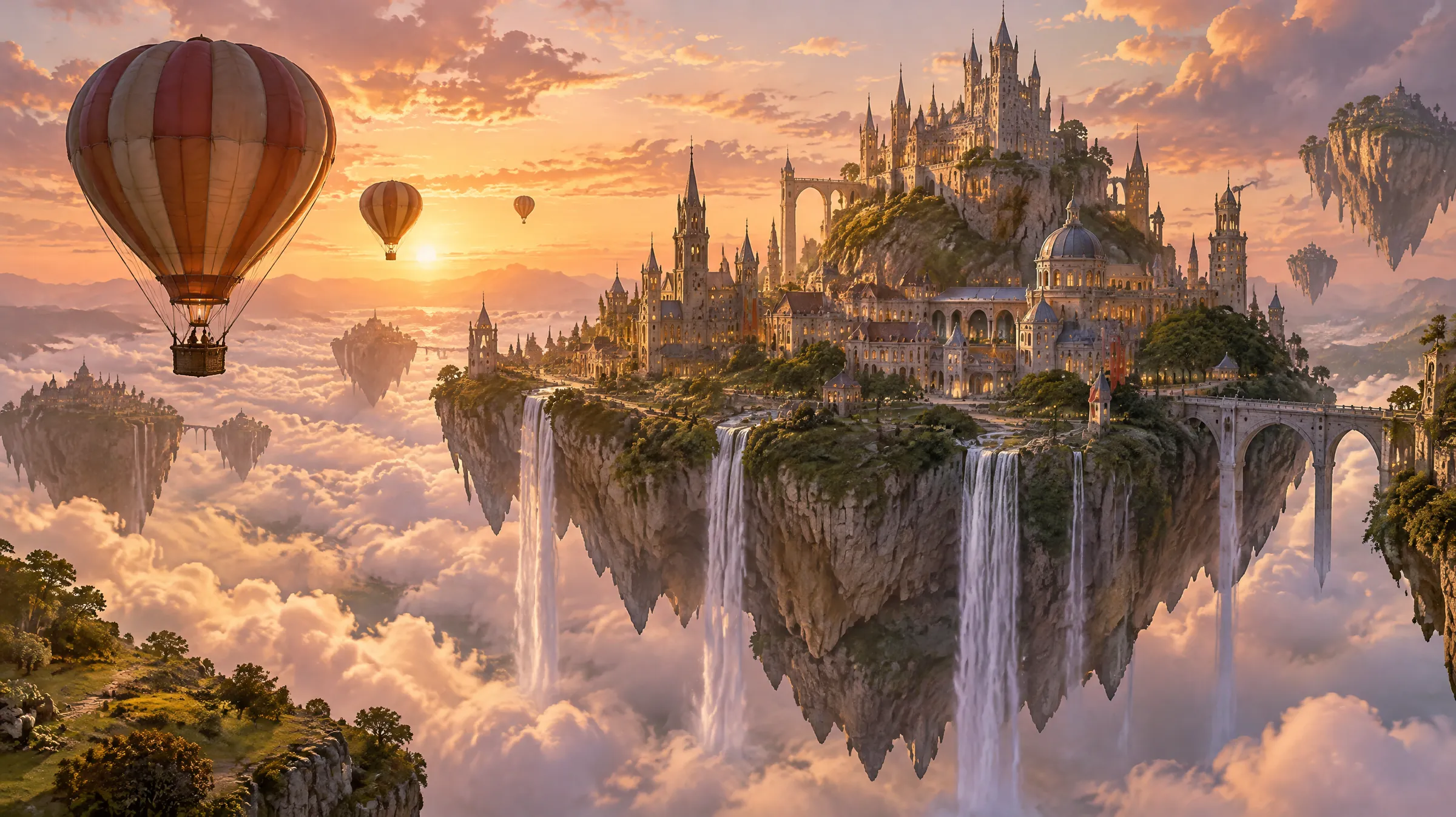 A whimsical floating island city above the clouds at sunset, waterfalls pouring off the edges, hot air balloons drifting by, painterly fantasy concept art