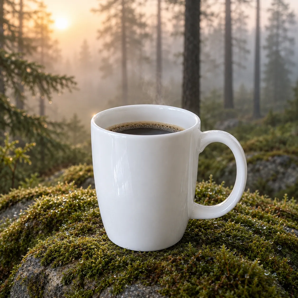 Place this mug on a mossy rock in a misty pine forest at dawn, soft light, product photography