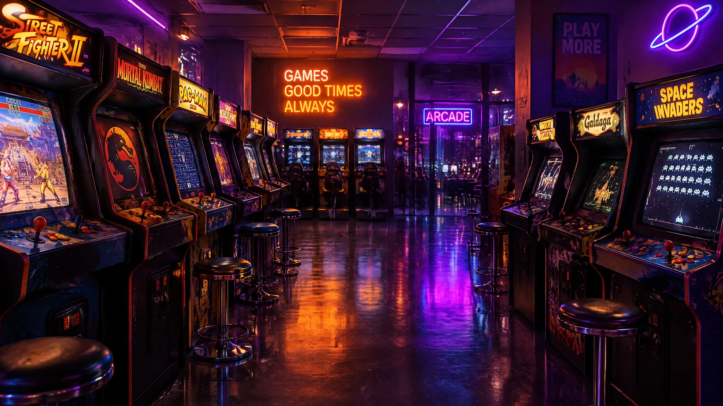 An empty retro arcade at night, rows of glowing game machines, purple and orange neon light, glossy floor