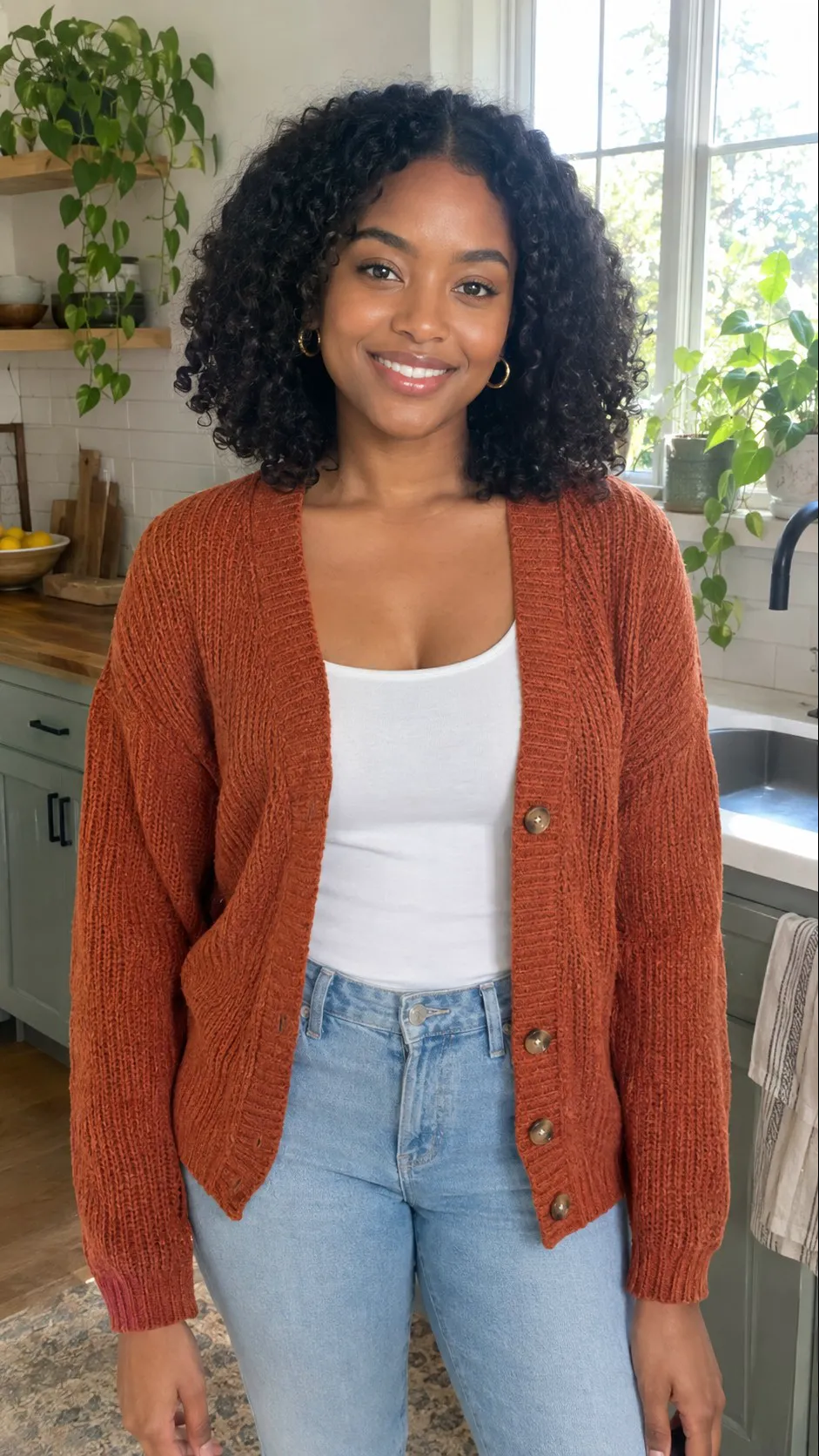 Photorealistic smartphone photo of a young Black woman with shoulder-length natural curly hair, small gold hoop earrings, a rust-orange knit cardigan over a white top and light jeans, standing in a sunny kitchen with plants on the windowsill behind her. She faces the camera with a warm smile, arms relaxed at her sides, framed from the waist up to mid-thigh. Natural daylight, sharp focus, vertical photo.