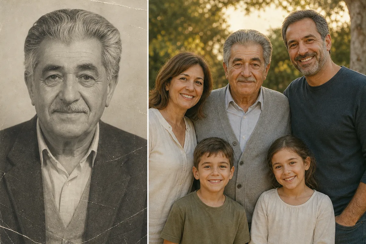 Side by side comparison showing a faded old black-and-white portrait photo on the left and the same person blended naturally into a modern color family photo on the right