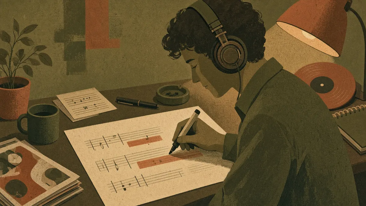 An editorial illustration of a music critic with headphones at a desk, charting rhythms and notes on paper under warm lamp light