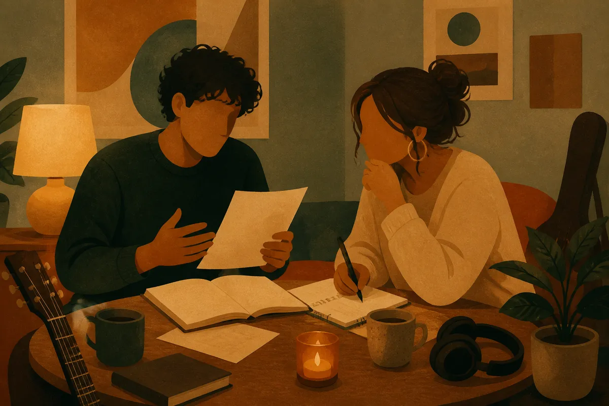 Two songwriters sitting across a small table, one reading a lyric sheet aloud while the other listens and takes notes