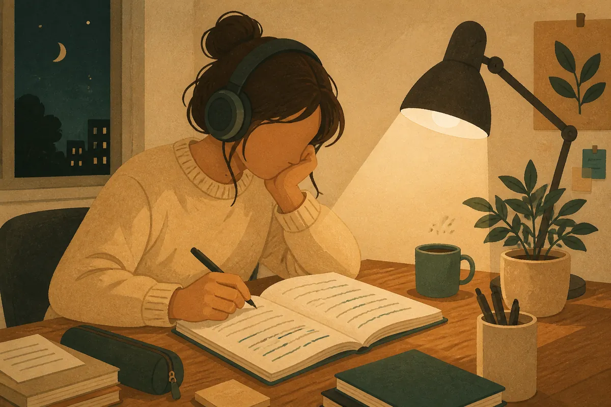 A person wearing headphones sits at a lamp-lit desk at night, underlining lines in a notebook while listening closely to a song