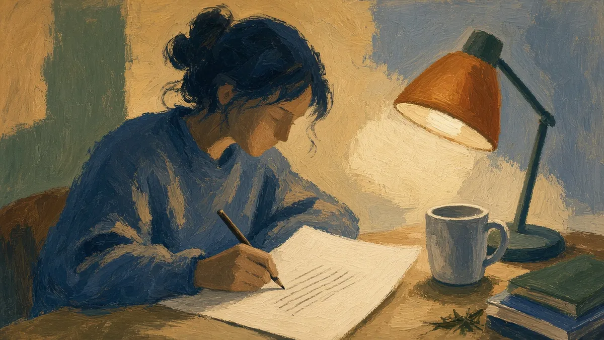 A songwriter at a desk reading a lyric sheet out loud and marking a few lines under a warm lamp