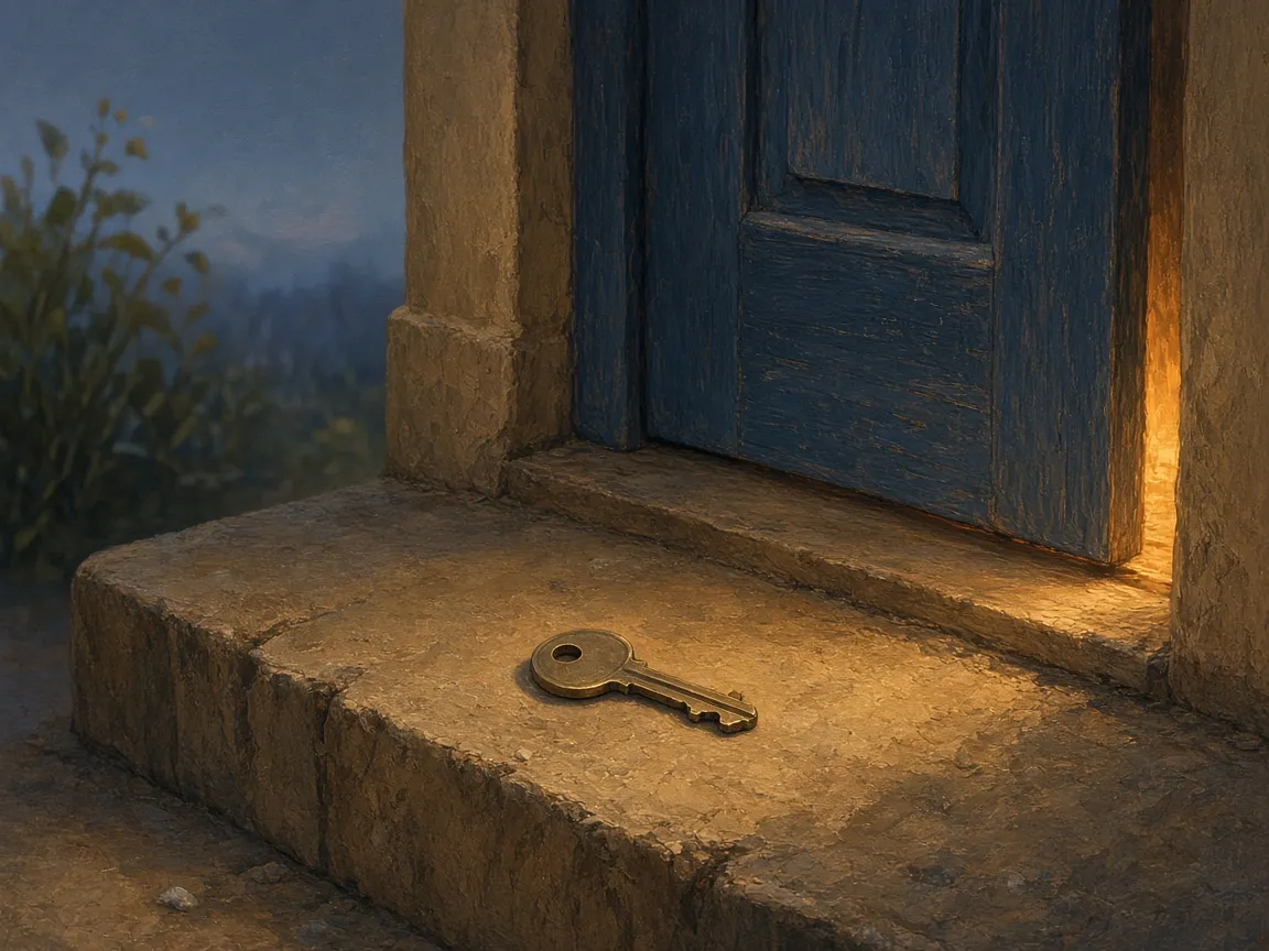 A single house key left on a front step in warm evening light, no text anywhere in the scene