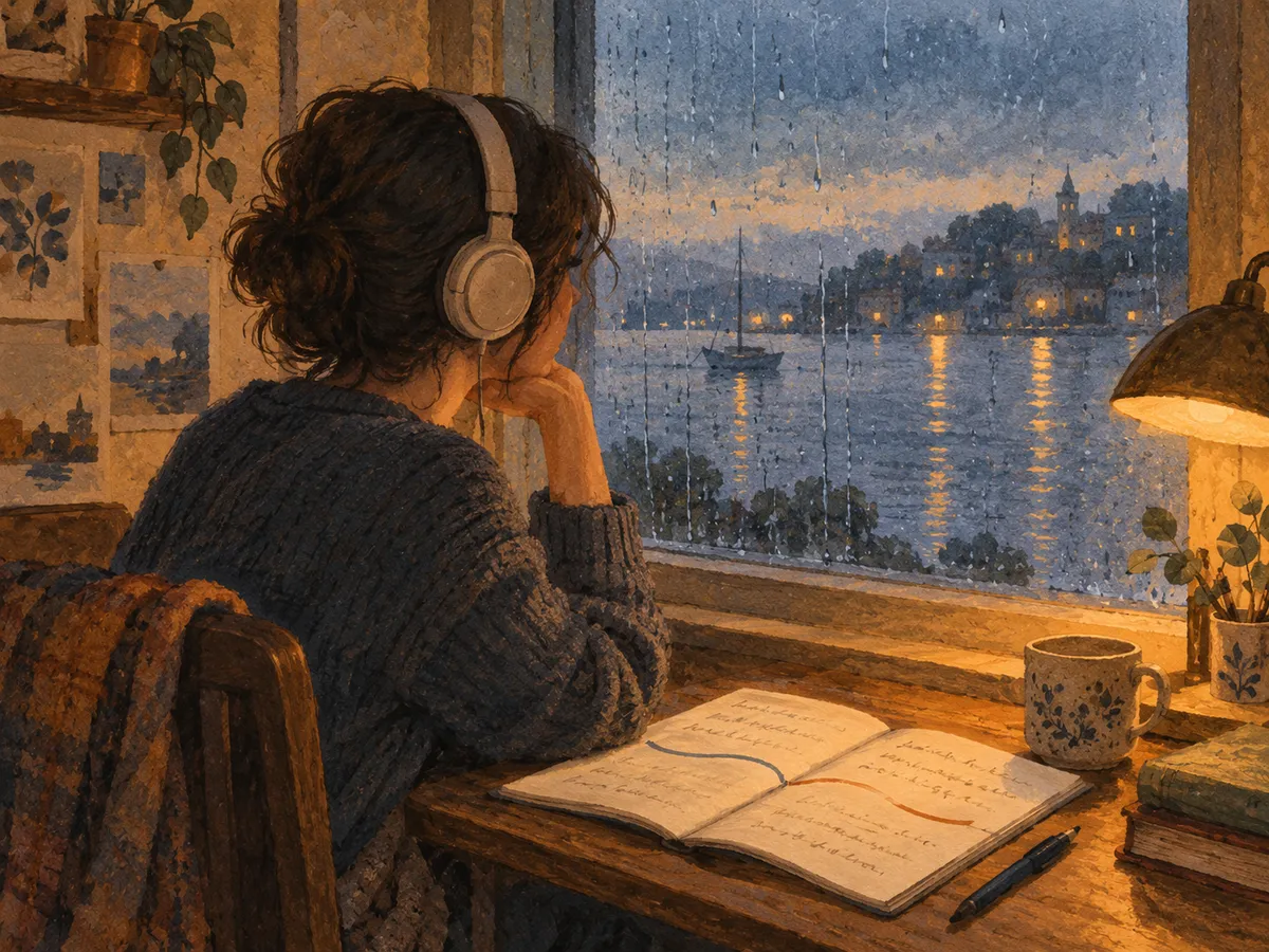 A listener with headphones studies a notebook beside a rain-streaked window in warm lamplight