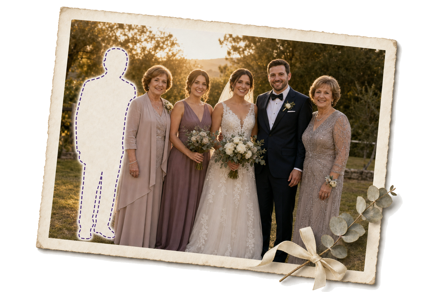 Wedding family group photo with a dashed outline on the edge where a missing father will be added beside the rest of the family