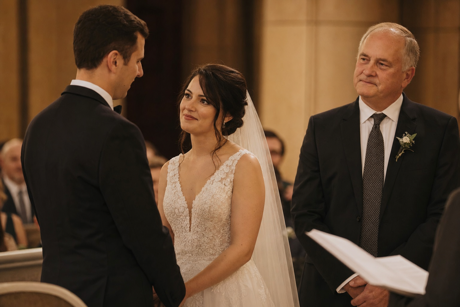 Wedding ceremony with father standing naturally beside the couple at the altar