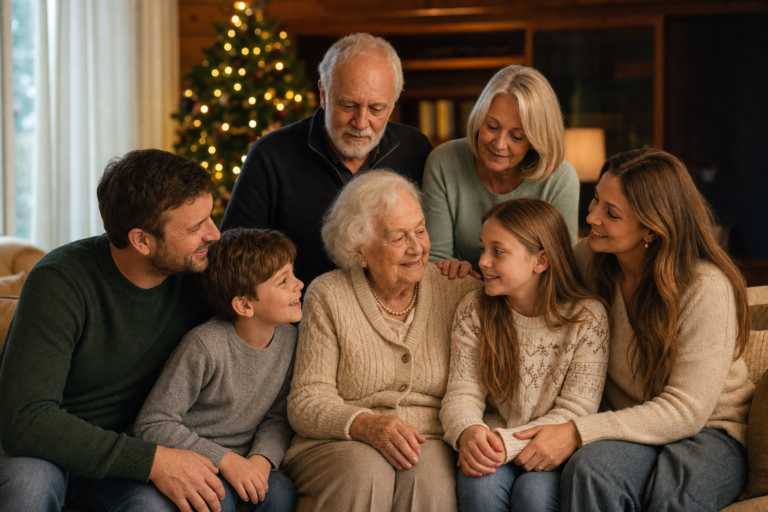 Multi-generation holiday portrait with grandmother seated among the family
