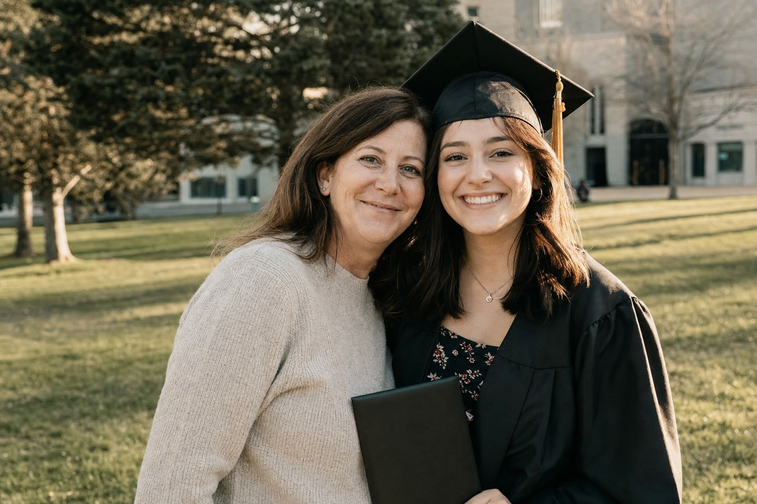 Outdoor graduation photo with a parent standing beside the graduate