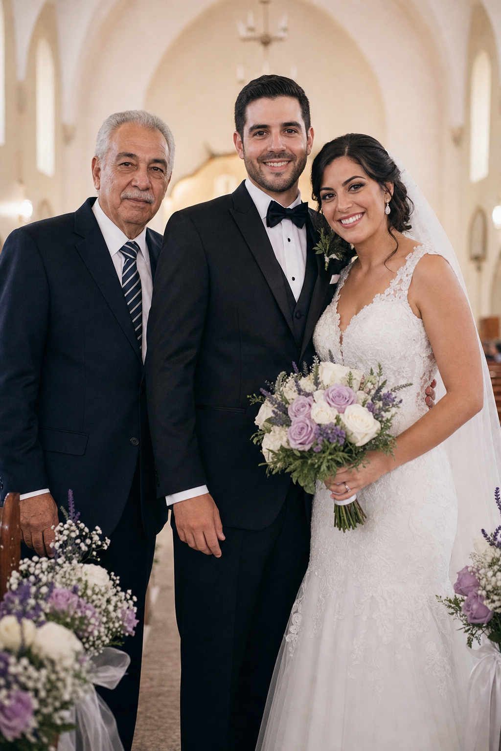 Vertical wedding keepsake with father gently present beside the couple