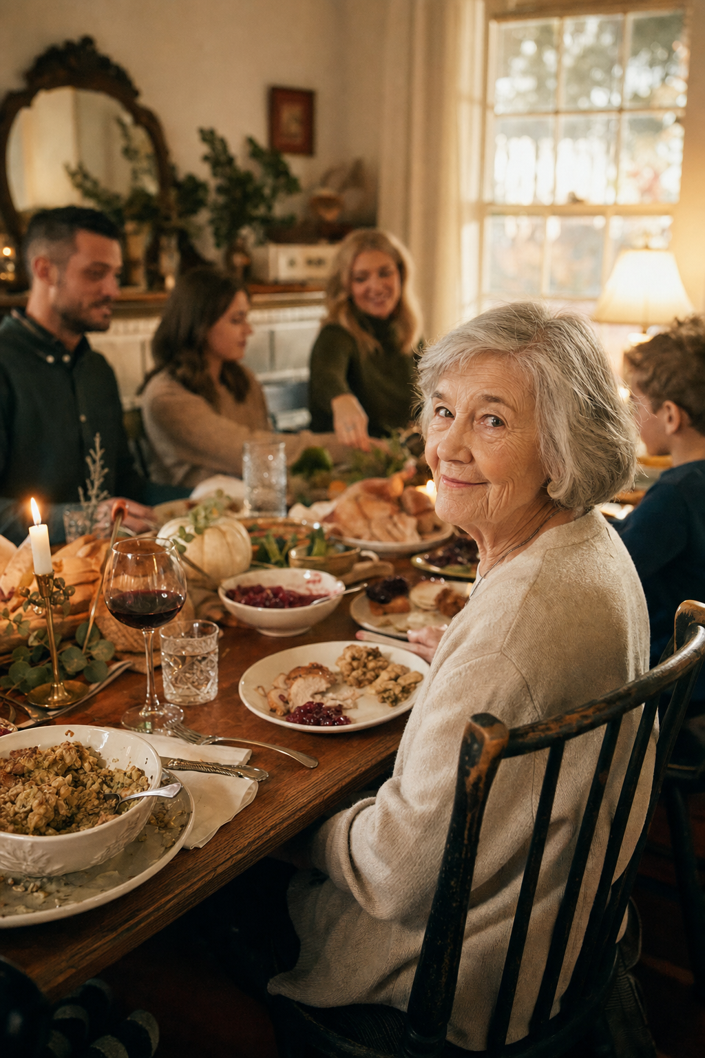 Holiday dinner table with grandmother seated at the end of the family