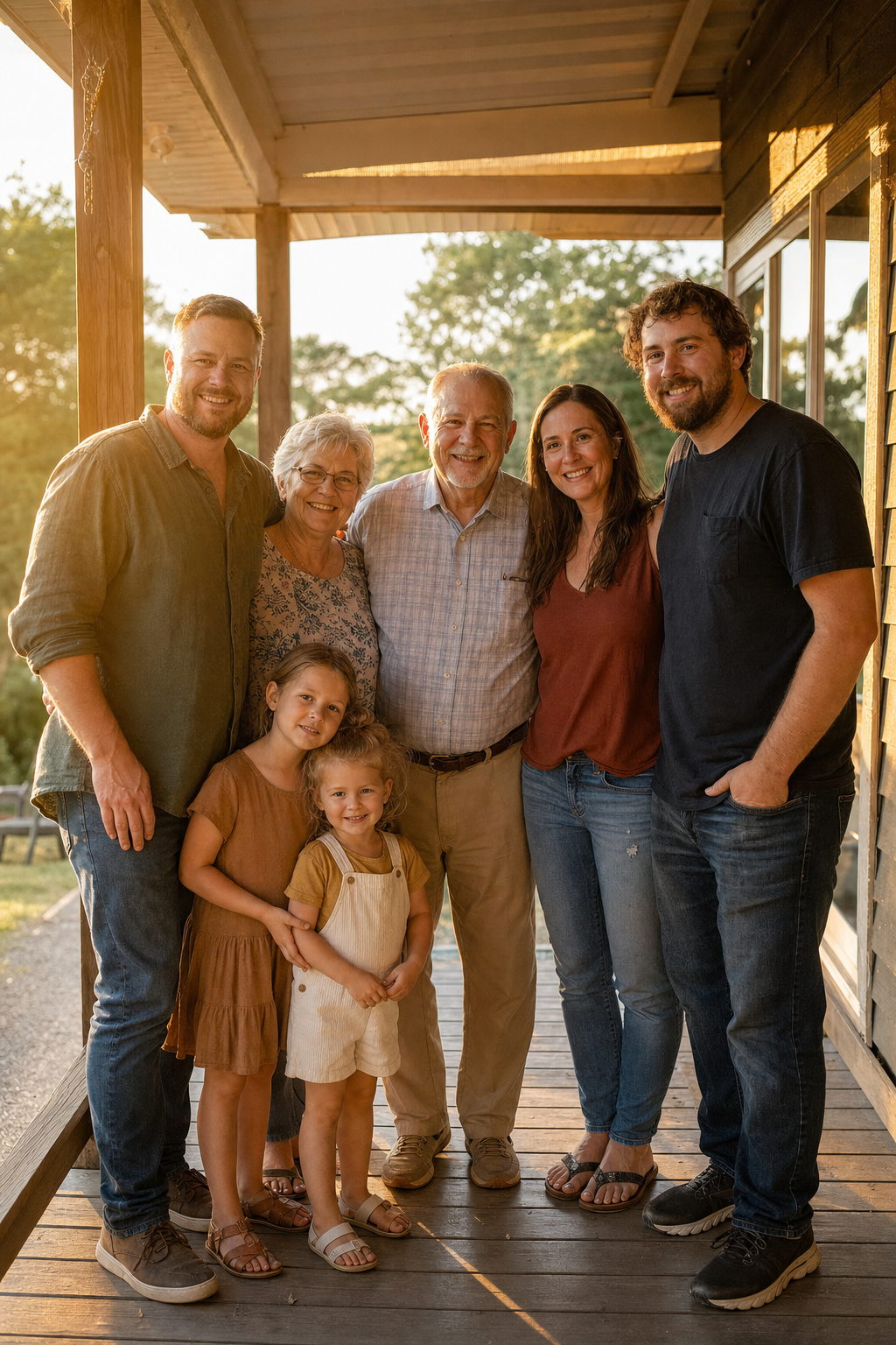 Family reunion on a porch with a sibling naturally at the edge of the group