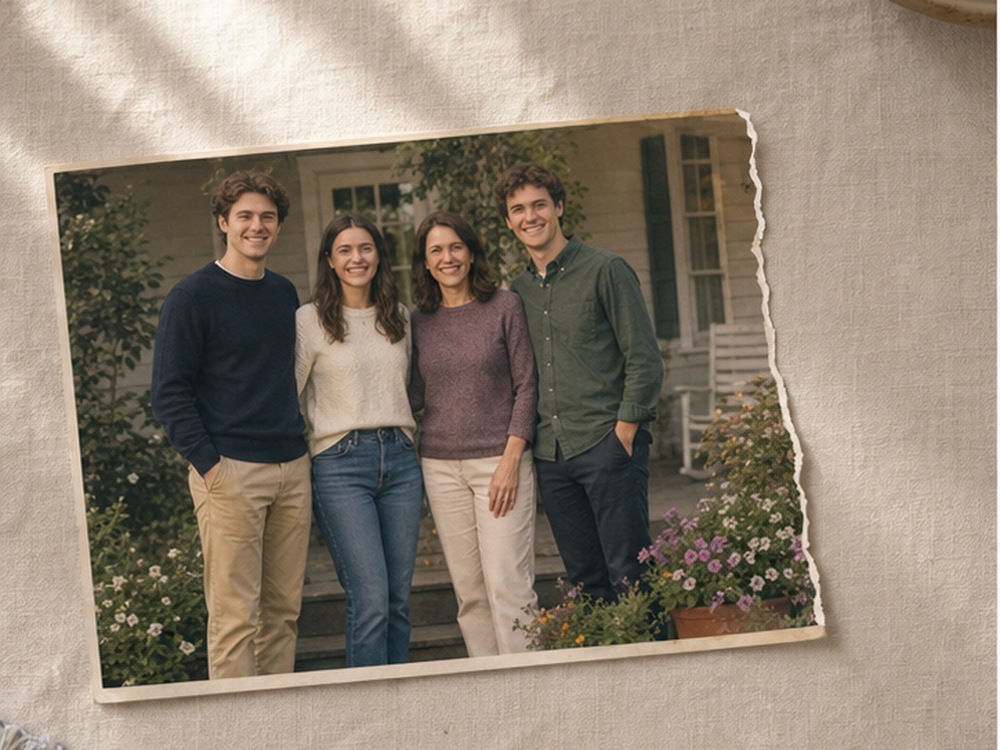 Incomplete family photo print lying on a cream linen desk