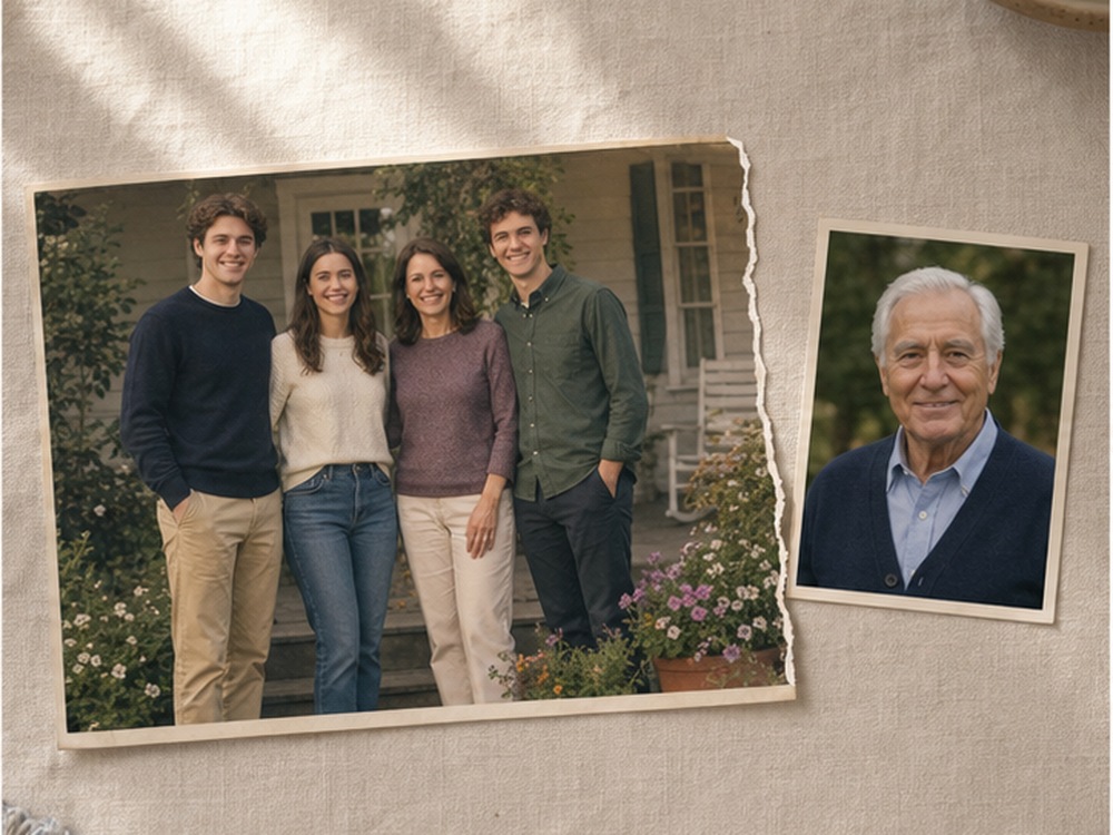 Clear portrait print placed beside a family group photo on a cream desk