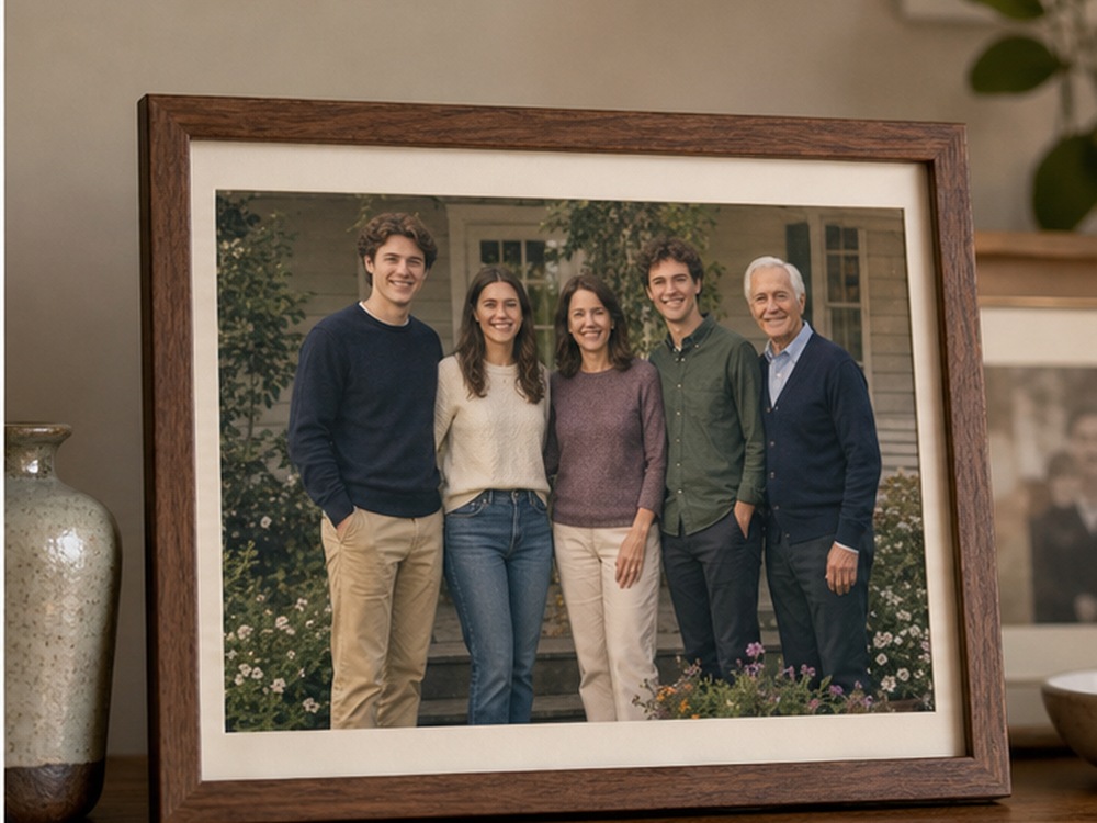 The completed family portrait framed at home with the older father standing naturally at the right