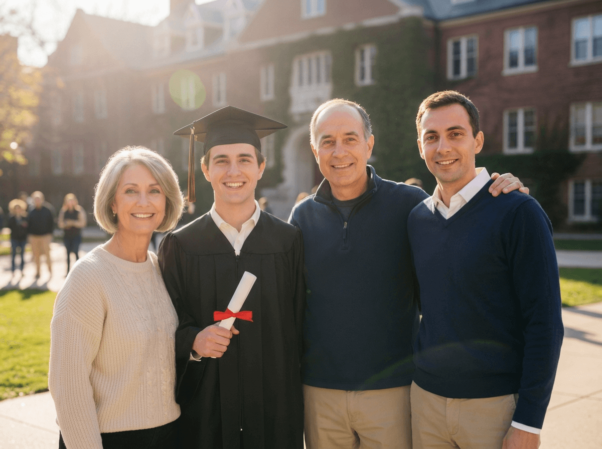 Final family portrait with missing graduate seamlessly added to photo by AI