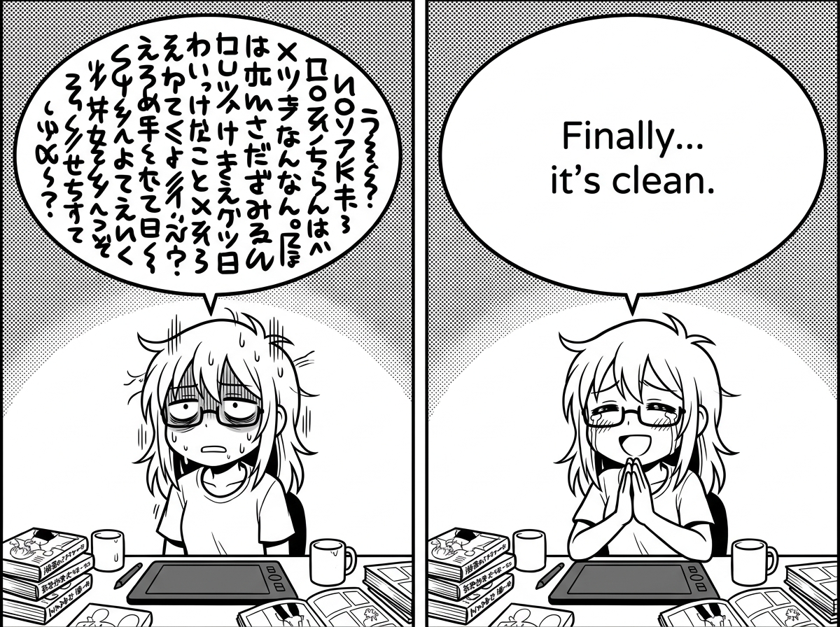 Manga meme comic: left panel shows a exhausted scanlator staring at a speech bubble packed with source-language glyphs, right panel shows the same bubble with text removed and clean English 'Finally... it's clean.' placed inside — screentone background identical in both panels