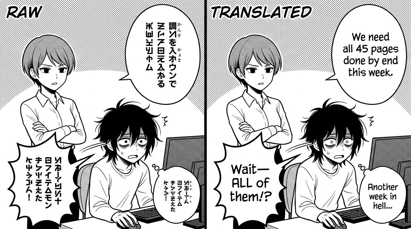 Side-by-side manga comic showing RAW vs TRANSLATED: group leader tells exhausted cleaner '45 pages by end of week', cleaner reacts with shock bubble 'Wait— ALL of them!?' and thought bubble 'Another week in hell...' — speech bubble borders identical in both versions, only text content replaced