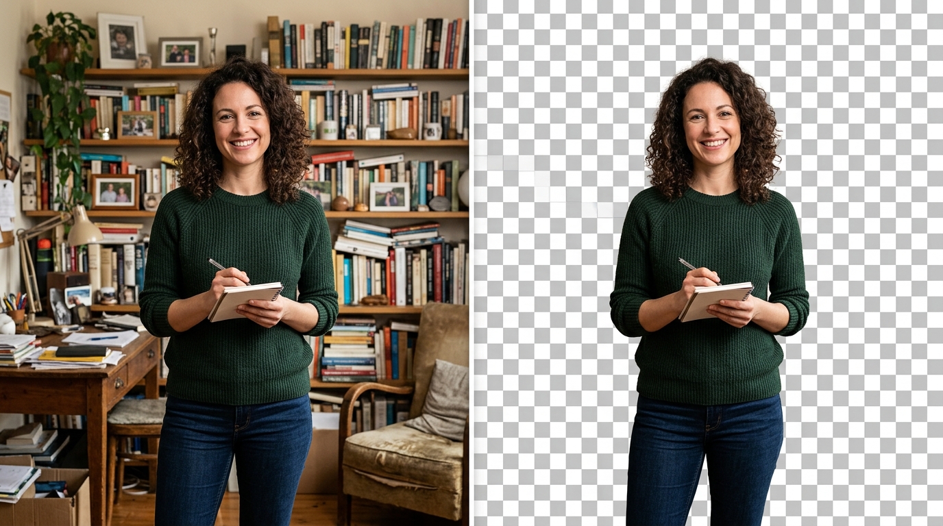 Hintergrund entfernen mit KI – Vorher-Nachher-Vergleich: Frau vor unruhigem Hintergrund, rechts freigestellt auf transparentem Hintergrund