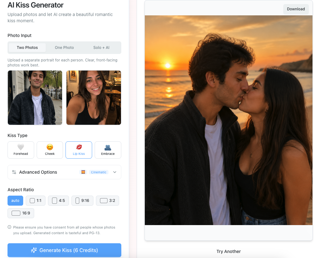 Generiertes KI-Kussfoto mit Download-Button