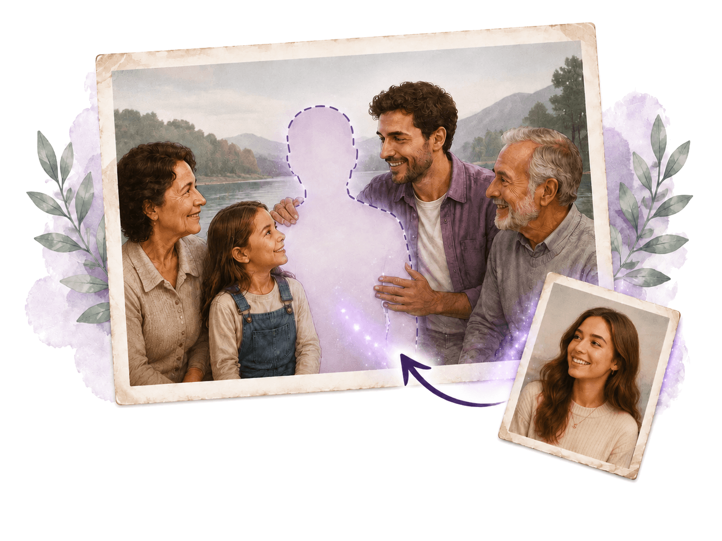 Illustrated concept for adding someone to a photo: a vintage-style outdoor family portrait with a glowing silhouette marking where a missing person belongs, and a smaller portrait linked by a curved arrow — representing the two uploads needed to complete the memory