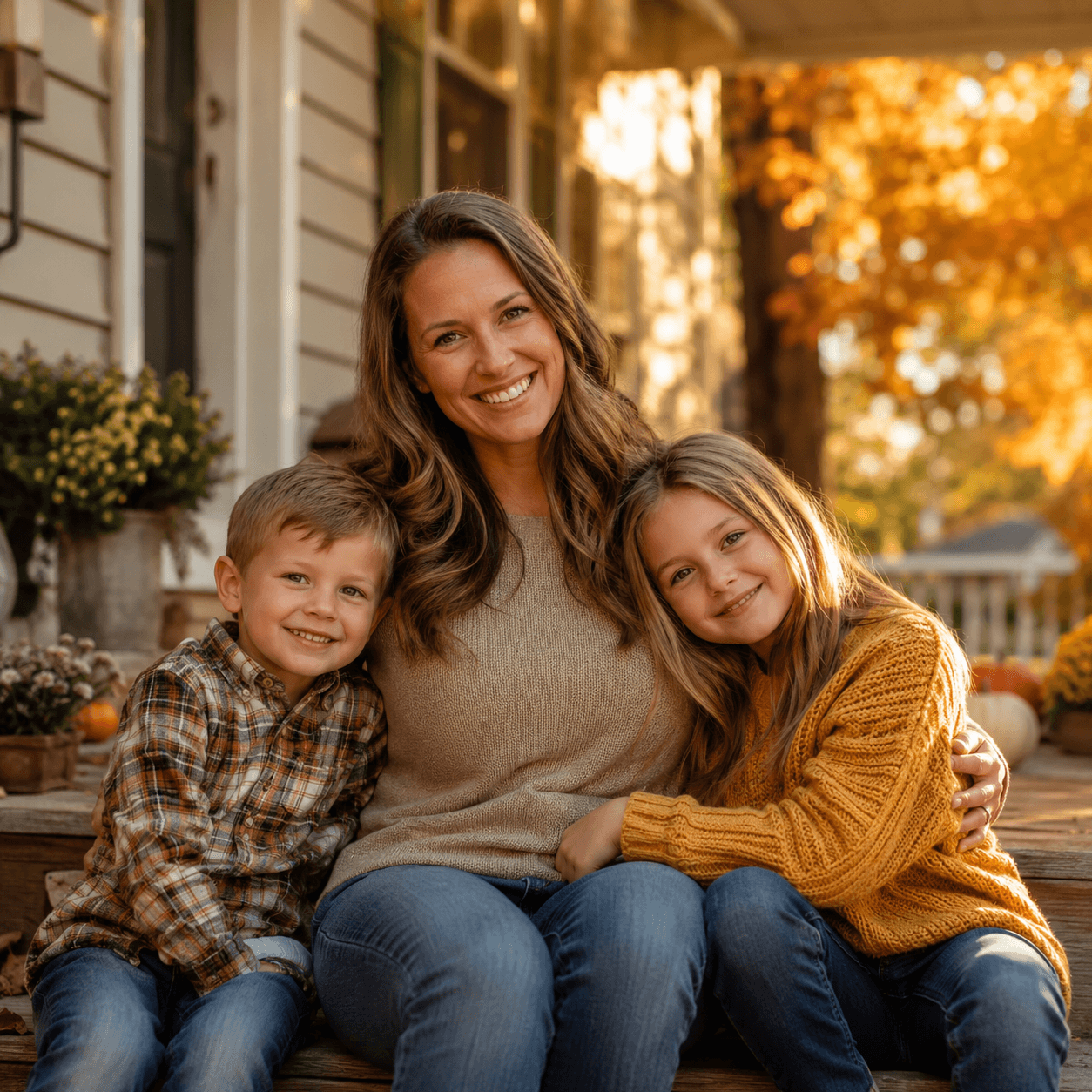 Original family portrait on a porch at golden hour without the father